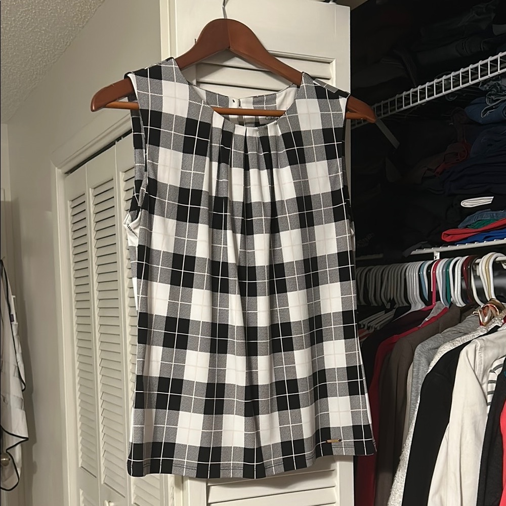 Calvin Klein Black and White Plaid Sleeveless Top